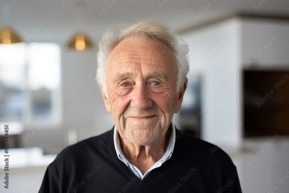 Portrait of a smiling man in his 80s smiling at the camera isolated in modern minimalist interior Portrait of a smiling man in his 80s smiling at the camera isolated in modern minimalist interior
