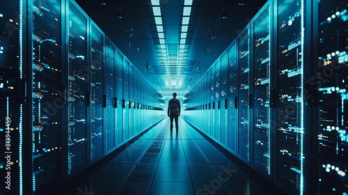A successful Data Center IT professional using a Tablet Computer. A Server Farm Cloud Computing facility in which a System Administrator is working. A Data Protection Engineering Network to protect