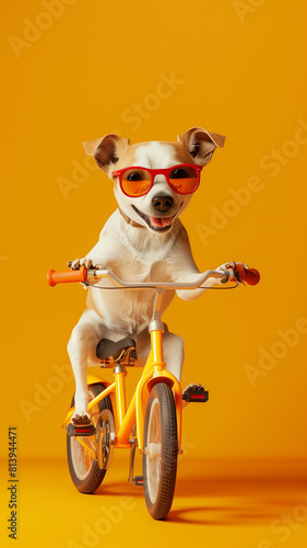 Dog wearing sunglasses riding bicycle on orange background