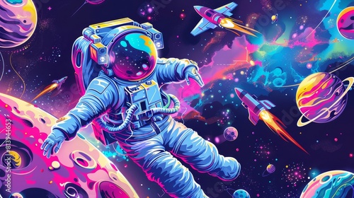 Cartoon astronaut in outer space. Illustration of a cosmonaut wearing a spacesuit, helmet, exploring alien planets and stars, and flying rockets and UFOs.