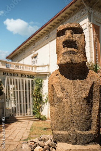 Moai statue from Easter Island (Rapa Nui) in front of Fonck Museum in Vina del Mar, Chile. The museum boasts an interesting collection of archaeological finds from Easter Island.