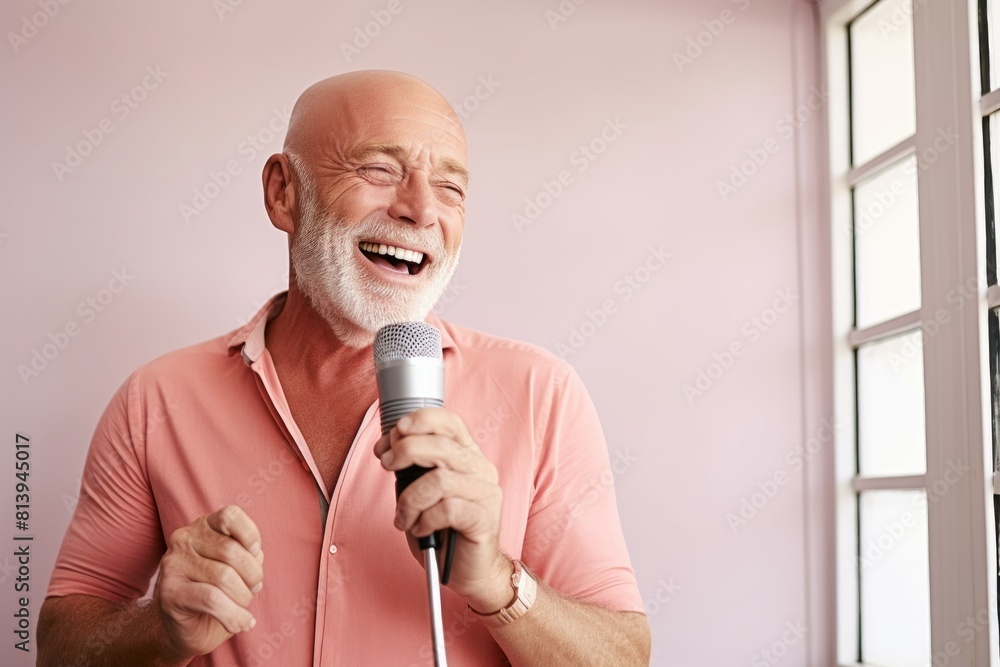 Portrait of a happy man in his 60s dancing and singing song in microphone while standing against modern minimalist interior Portrait of a happy man in his 60s dancing and singing song in microphone while standing against modern minimalist interior