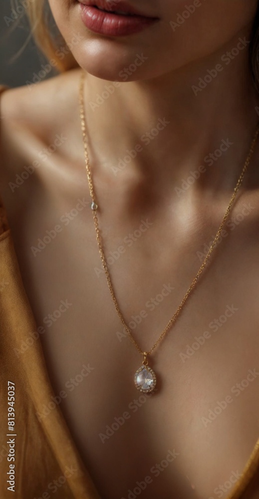  Woman pendant mockup closeup blonde model portrait. Fashion beauty subtle chain necklace for pendant jewelry mockup