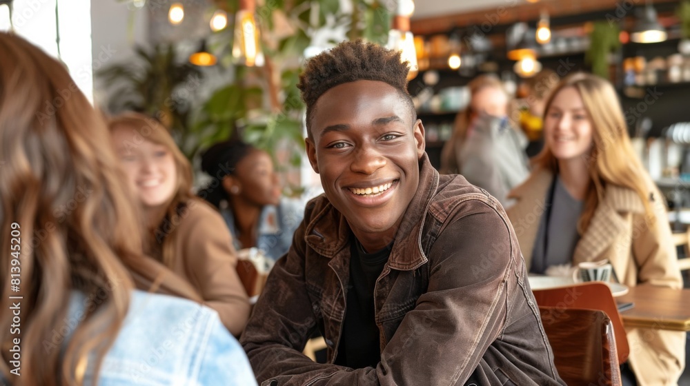 A young man smiling at a cafe with diverse people in conversation. A young man smiling at a cafe with diverse people in conversation.