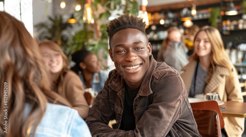 A young man smiling at a cafe with diverse people in conversation.