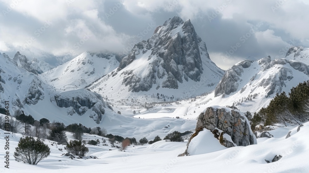 Obraz premium A breathtaking snowy mountain landscape under a cloudy sky with jagged peaks and gentle slopes.
