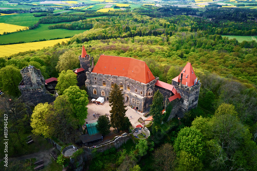 Fototapeta Naklejka Na Ścianę i Meble -  Grodziec Castle surrounded by blooming agricultural fields and green forest, aerial view. Old historical fortress. Famous touristic place in Lower Silesia, Poland