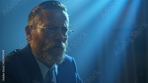 A stern-looking man dressed as a banker, with a beard and glasses, is posing against a blue background with a dramatic wide-angle perspective.