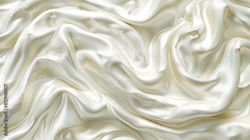 3D illustration with white yogurt, milk, or cream texture. Abstract background with soft silk fabric, liquid yoghurt or mayonnaise, dairy product, or cosmetic creme.