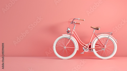 Pink bicycle parked on pink background photo