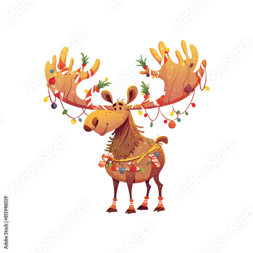 Jovial Moose Cartoon Its Antlers Adorned  Cartoon Illustration