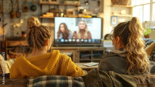 Two women with their backs facing the camera sit on a bed, watching television in a cozy loft apartment.