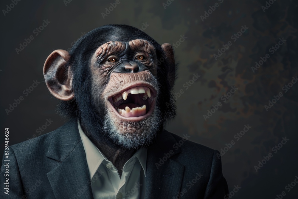 A chimpanzee dressed in a suit and tie, with mouth open. Ideal for business concept designs A chimpanzee dressed in a suit and tie, with mouth open. Ideal for business concept designs