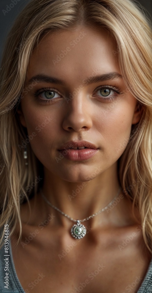  Woman pendant mockup closeup blonde model portrait. Fashion beauty subtle chain necklace for pendant jewelry mockup