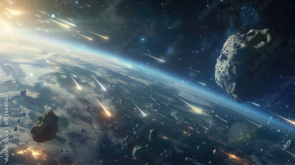 A massive asteroid looms near Earth in the vastness of space orbiting the planet within the meteor laden expanse of our solar system This captivating scene complete with icy meteors is broug A massive asteroid looms near Earth in the vastness of space orbiting the planet within the meteor laden expanse of our solar system This captivating scene complete with icy meteors is broug