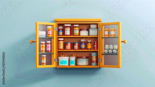 Illustration of a realistic medicine cabinet. 3D first aid cupboard with shelf. Medicine box on the wall for bathroom. Pills and drug containers mockup. Open transparent glass door stand.
