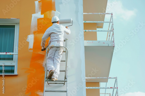 Professional worker painter painting an orange wall of a house with white paint. A workman in a protective uniform and a construction helmet renovating a residential structure in creative colors. 