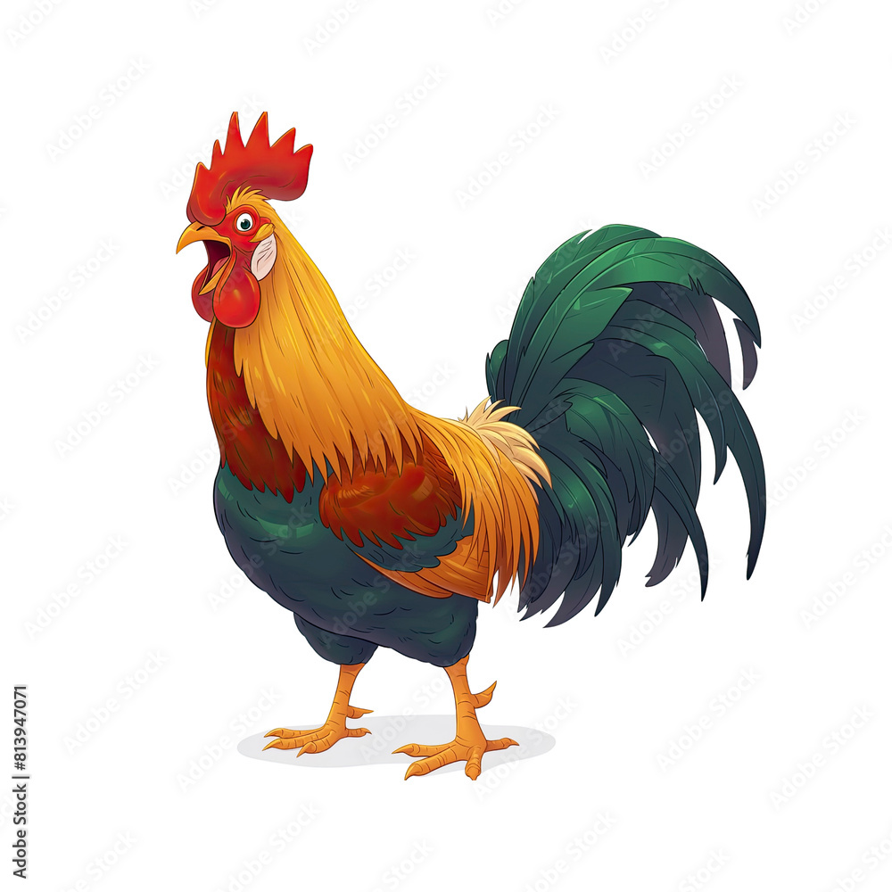 Fototapeta premium Joyful Rooster Cartoon Its Beak Open, Cartoon Illustration