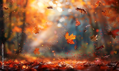 Autumn leaves dancing in a warm sunlit forest