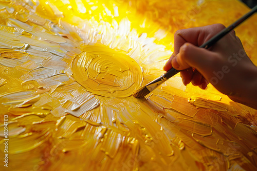 A woman artist drawing a shining sun on a canvas painting with yellow golden paint close up. Art studio concept. 