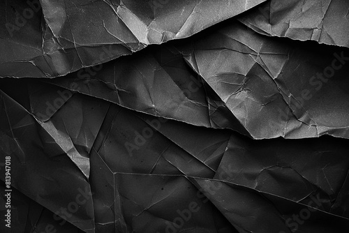 Aged damaged texture of black old paper. Distressed grunge surface with torn edges and wrinkles on worn creases. Dark abstract background as a web design element.