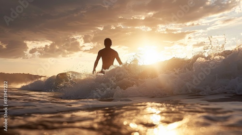 A surfer rides a wave during a beautiful sunset  captured in a wide ultra-wide shot with vibrant sun hues.