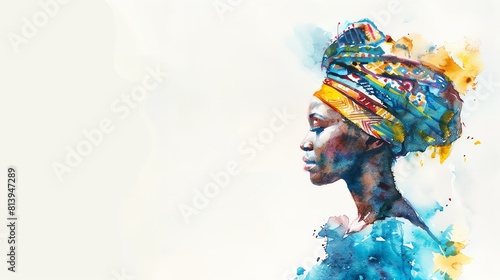 Yoruba Nigeria and neighboring countries Woman, Minimalistic watercolor, on a white background, cute and comical with empty copy space.