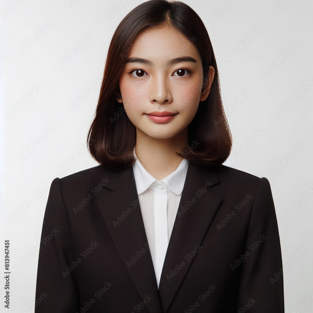 Professional formal photo, of a plain casual indonesian woman with a few small blemishes with a straightforward simple appearance, wearing formal black suit on white background. Professional formal photo, of a plain casual indonesian woman with a few small blemishes with a straightforward simple appearance, wearing formal black suit on white background.