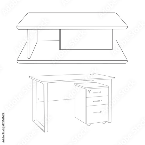 Wood table perspective view, wooden surface of desk, kitchen top made of brown timber board isolated on transparent background. Office desk with laptop, lamp, document papers, 