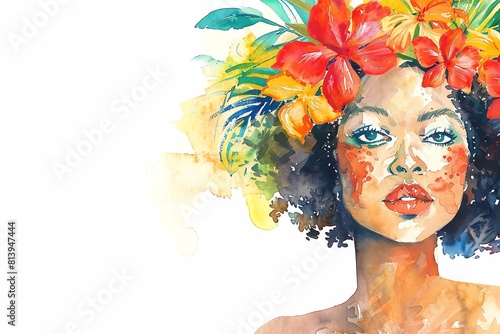 Fijians Fiji Woman, Minimalistic watercolor, on a white background, cute and comical with empty copy space. photo