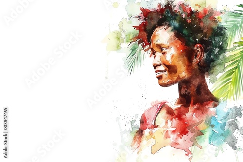 Fijians Fiji Woman, Minimalistic watercolor, on a white background, cute and comical with empty copy space.