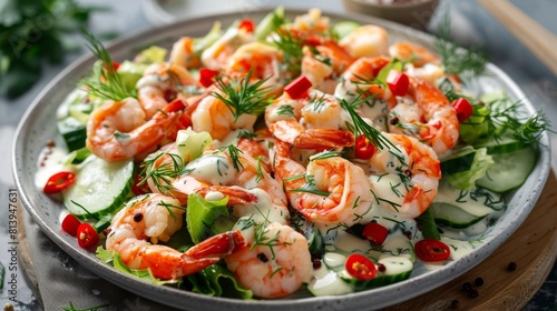 Cooked prawns with fresh salad and dill dressing served on a gray plate  garnished with red chili slices and herbs.