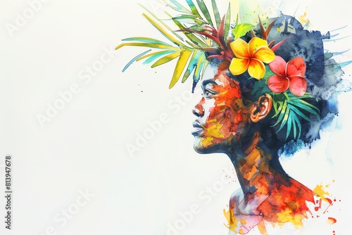 Samoans Samoa Woman, Minimalistic watercolor, on a white background, cute and comical with empty copy space.