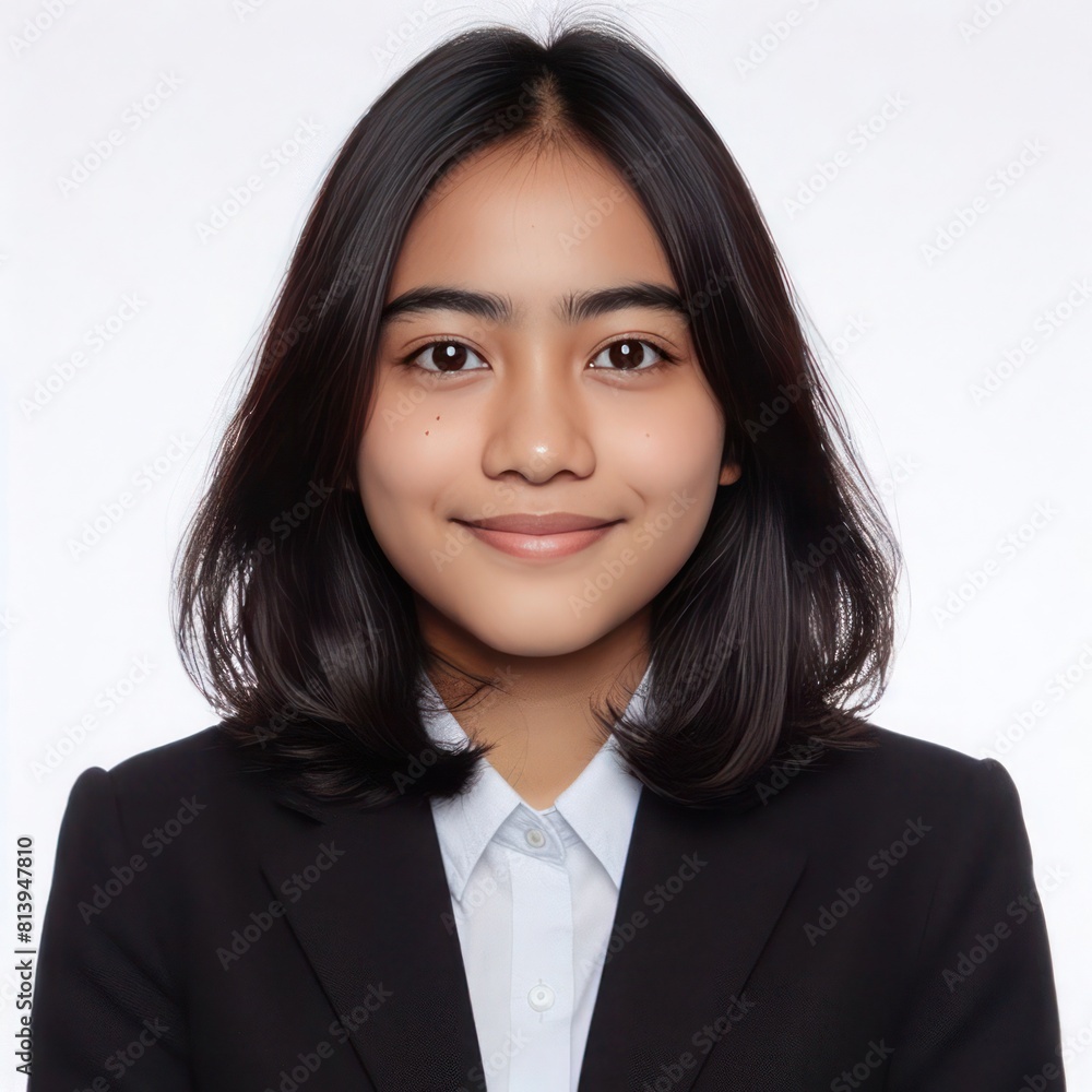 Professional formal photo, of a plain casual indonesian woman with a few small blemishes with a straightforward simple appearance, wearing formal black suit on white background. Professional formal photo, of a plain casual indonesian woman with a few small blemishes with a straightforward simple appearance, wearing formal black suit on white background.