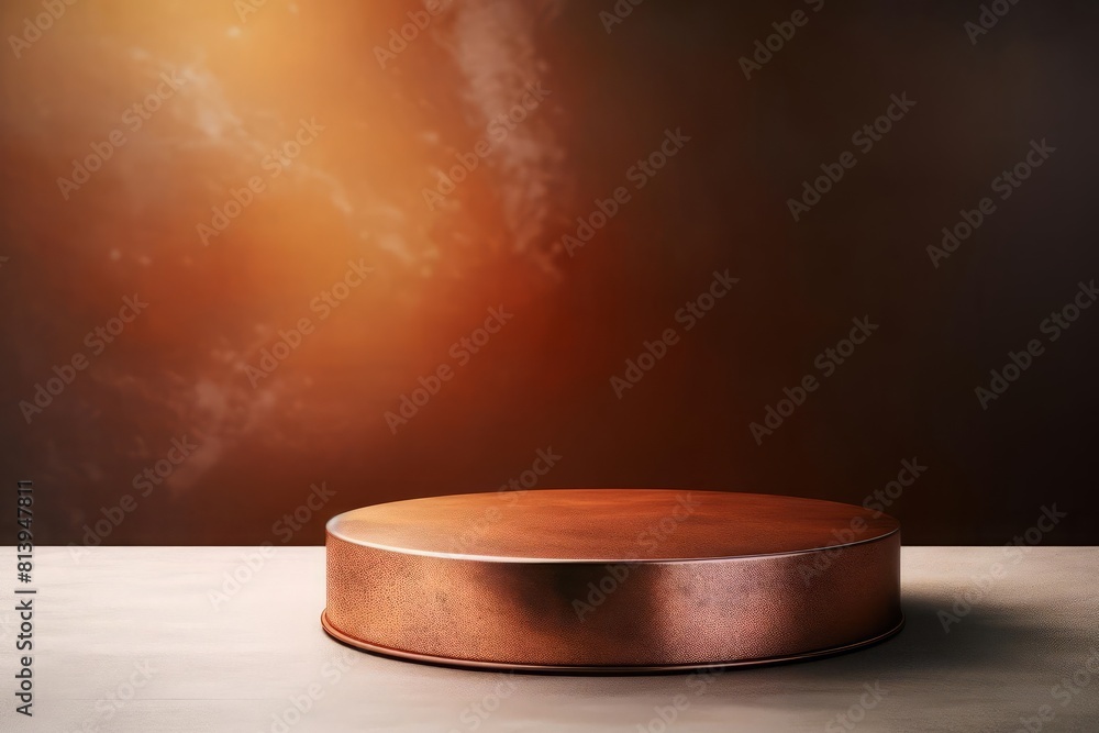 Copper-themed podium with shiny, oxidized surfaces, set against a minimalist, copper background, perfect for showcasing products with a warm and vintage character. Copy space Copper-themed podium with shiny, oxidized surfaces, set against a minimalist, copper background, perfect for showcasing products with a warm and vintage character. Copy space