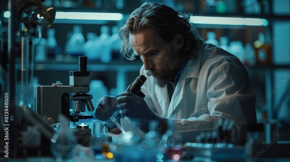 A focused pathologist examines specimens under a microscope in a lab, with a blue background and scientific equipment around. A focused pathologist examines specimens under a microscope in a lab, with a blue background and scientific equipment around.