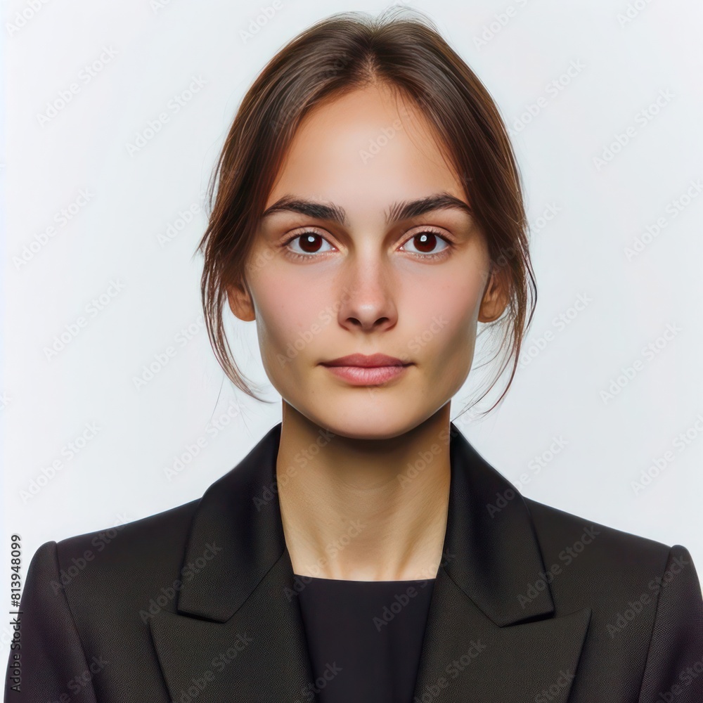 Professional formal photo, of a plain casual indonesian woman with a few small blemishes with a straightforward simple appearance, wearing formal black suit on white background. Professional formal photo, of a plain casual indonesian woman with a few small blemishes with a straightforward simple appearance, wearing formal black suit on white background.