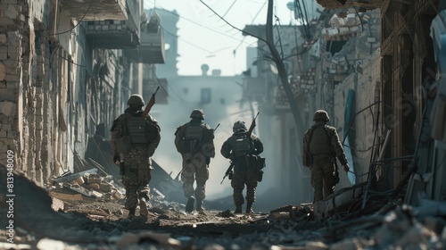 Group of soldiers walking down a city street, suitable for military or urban themes