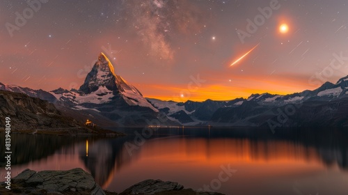 Starry night over a snow-capped mountain with a shooting star and lake reflections.