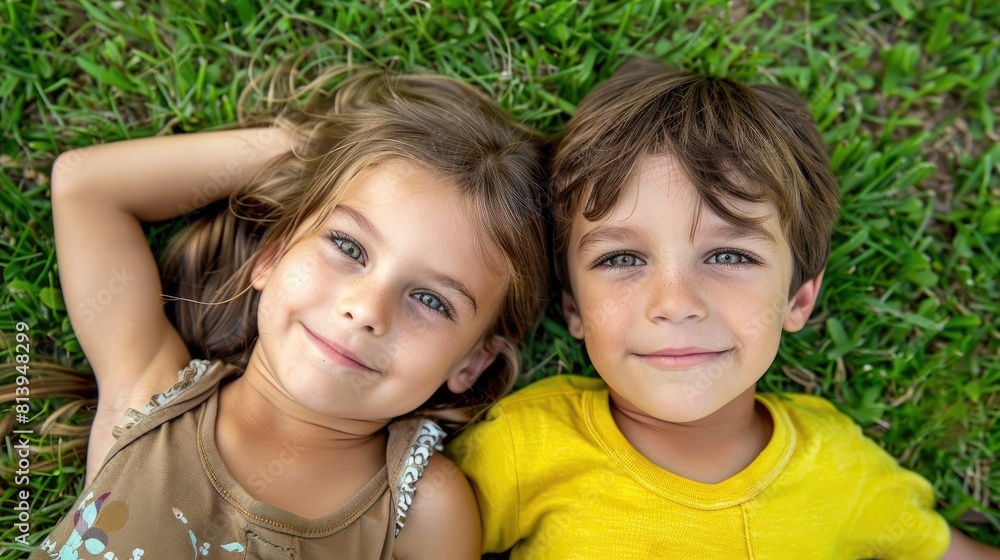 A delightful snapshot capturing two cheerful children immersed in joy at the park a brother and sister lounging on vibrant green grass lost in play as inseparable best friends an endearing A delightful snapshot capturing two cheerful children immersed in joy at the park a brother and sister lounging on vibrant green grass lost in play as inseparable best friends an endearing