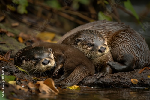 Otter Mother With Her Pup Resting by a Water Body at Dusk
