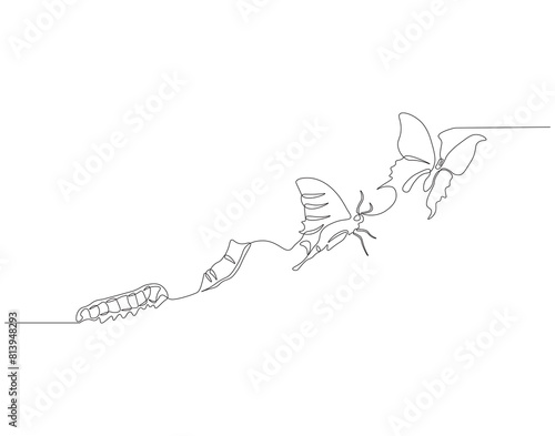 Continuous one line drawing of butterfly life cycle. One line drawing illustration of butterfly metamorphosis. Butterfly transformation concept continuous line art. Editable outline.