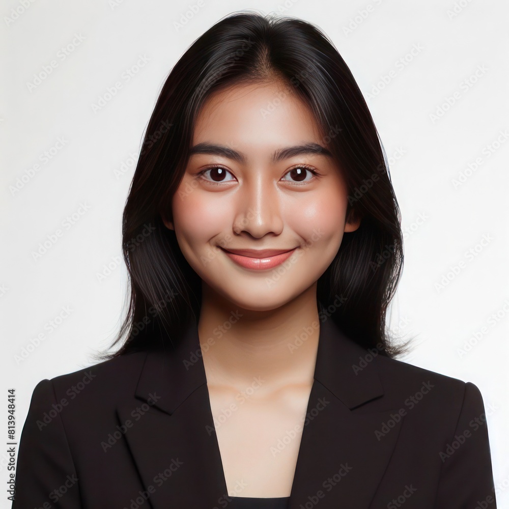 Professional formal photo, of a plain casual indonesian woman with a few small blemishes with a straightforward simple appearance, wearing formal black suit on white background. Professional formal photo, of a plain casual indonesian woman with a few small blemishes with a straightforward simple appearance, wearing formal black suit on white background.