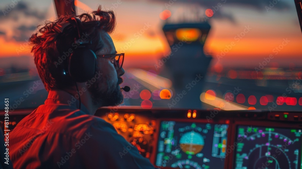 An air traffic controller focused on monitors during a vibrant sunset, wearing headphones for communication. An air traffic controller focused on monitors during a vibrant sunset, wearing headphones for communication.