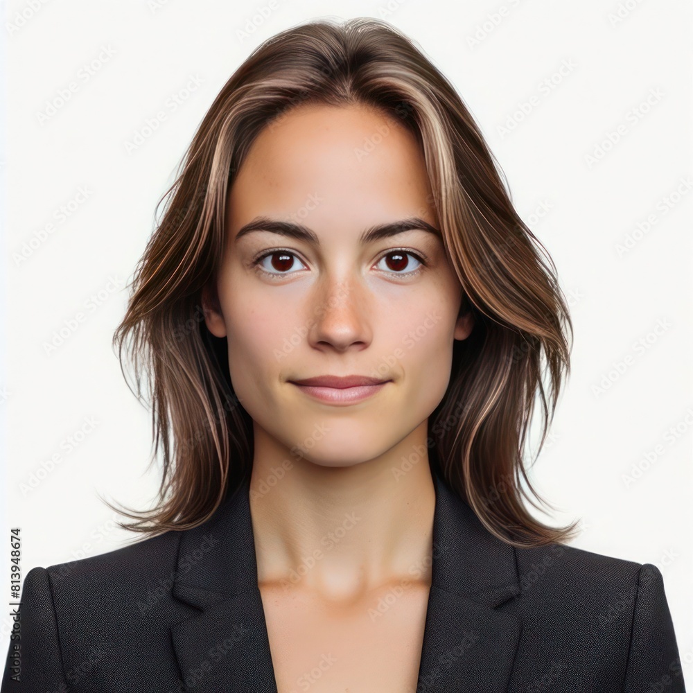 Professional formal photo, of a plain casual indonesian woman with a few small blemishes with a straightforward simple appearance, wearing formal black suit on white background.