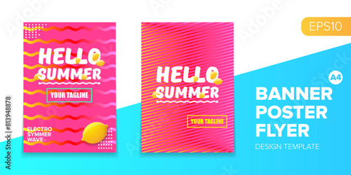 Vector electronic music summer party poster background Pink club party flyer or creative banner with abstract waves and fresh lemon. Hello summer party design template