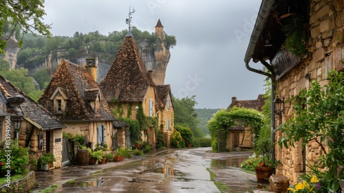 A wet street in La Roque-Gageac with traditional stone houses and greenery on a rainy day. © Sergey
