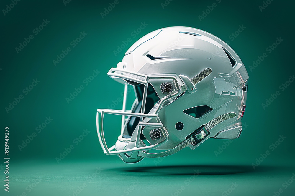 Fototapeta premium Modern white American football helmet isolated on green background