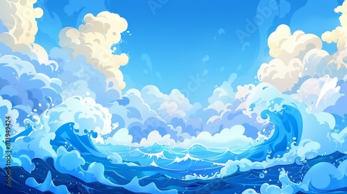 An ocean wave and a blue sky with cloud modern background. A sea cartoon landscape with a sunny horizon. A wild seaside wallpaper with a splash of foaming water from the waves.