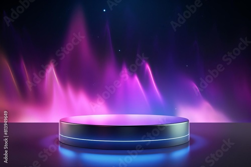 Aurora borealis-themed podium with glowing, colorful surfaces, set against a minimalist, night sky background, perfect for showcasing products with a magical and ethereal character. Copy space